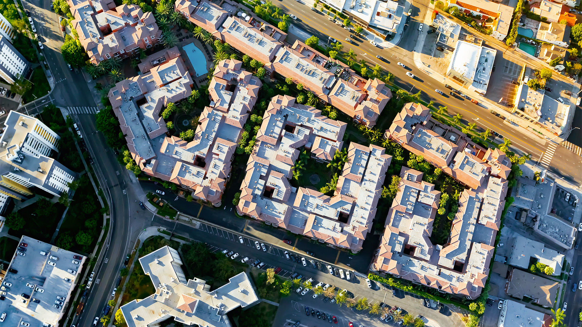 Aerial view of buildings on near Wilshire Blvd in Westwood, LA